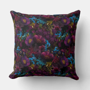 Lush baroque purple antique flowers on black throw pillow