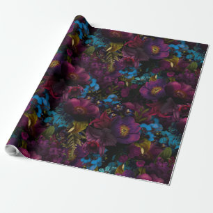 Lush baroque purple antique flowers on black wrapping paper