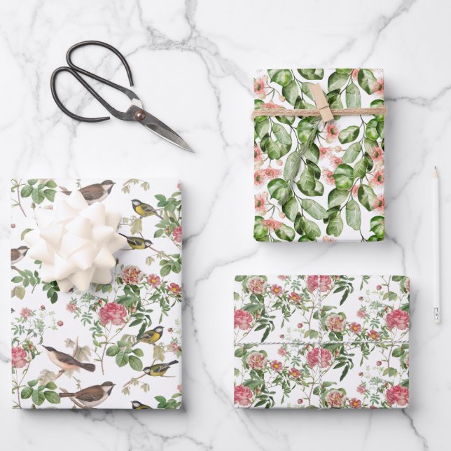 Lush Bird, Flowers and Foliage  Wrapping Paper Sheets (Front)
