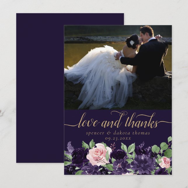 Lush Blossom | Dark Purple and Pink Photo Love and Thank You Card (Front/Back)