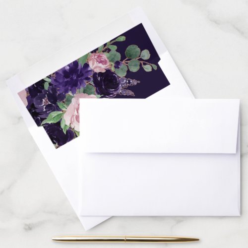 Lush Blossom  Dark Purple and Pink Rose Floral Envelope Liner