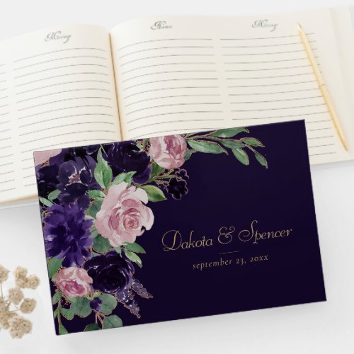 Lush Blossom  Dark Purple and Pink Rose Floral Guest Book
