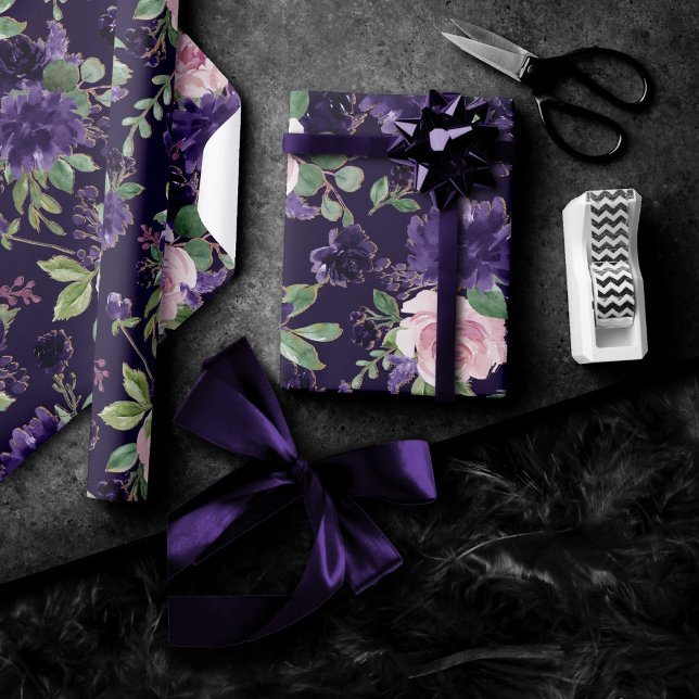 Lush Blossom | Dark Purple and Pink Rose Pattern Wrapping Paper (Creator Uploaded)