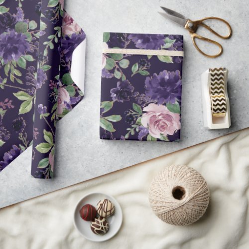 Lush Blossom  Dark Purple and Pink Rose Pattern Wrapping Paper
