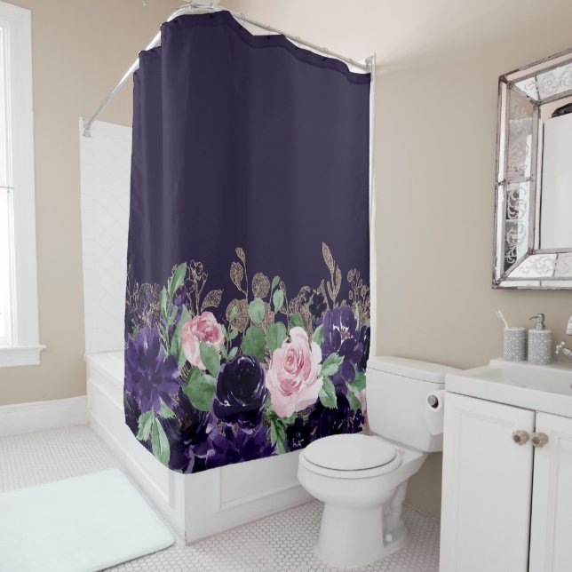 Lush Blossom | Purple and Pink Rose Floral Bouquet Shower Curtain (In Situ)