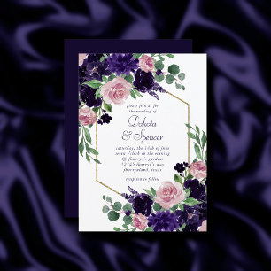 Lush Blossoms Pink and Purple Bouquet Gold Frame Invitation