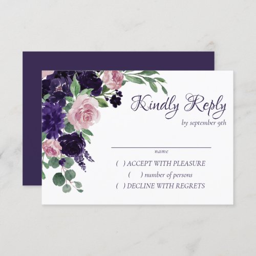 Lush Blossoms  Pink and Purple Bouquet Gold Frame RSVP Card