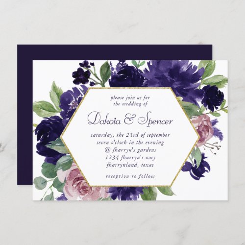 Lush Blossoms  Pink and Purple Wreath Gold Frame Invitation