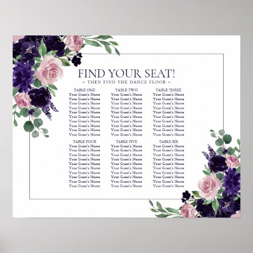 Lush Blossoms  Purple and PInk 6 Table Seat Chart