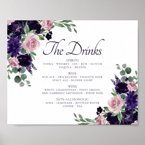 Lush Blossoms  Purple and Pink Floral Drink Menu Poster