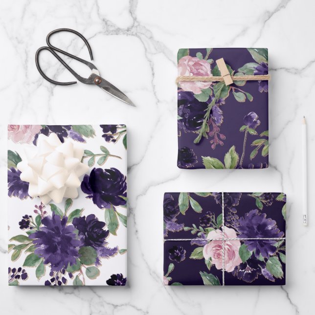 Lush Blossoms | Purple and Pink Floral Pattern Wrapping Paper Sheets (Front)