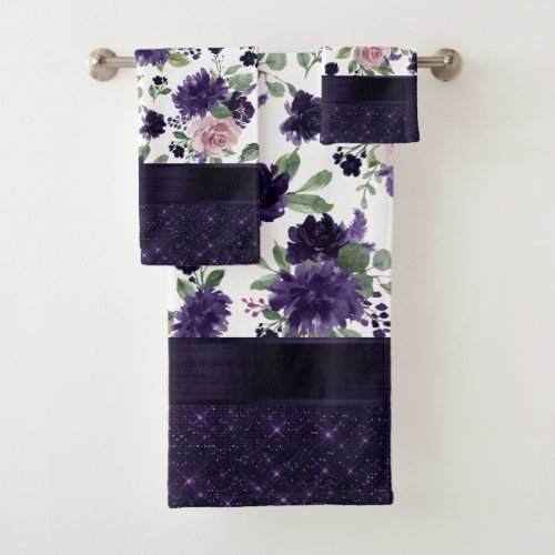 Lush Blossoms  Purple and Pink Floral Shimmer Bath Towel Set