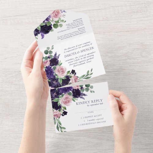 Lush Blossoms  Purple and Pink Floral Wedding All In One Invitation
