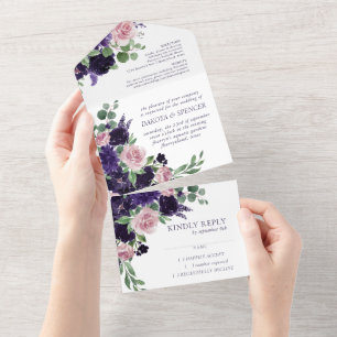 Lush Blossoms   Purple and Pink Floral Wedding All In One Invitation