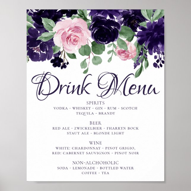 Lush Blossoms | Purple and Pink Garland Drink Menu Poster (Front)