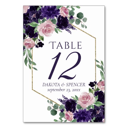 Lush Blossoms  Purple and Pink Rose Floral Table Number