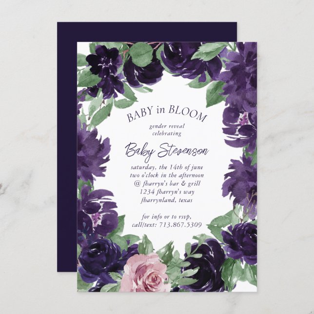 Lush Blossoms | Purple and Pink Rose Gender Reveal Invitation (Front/Back)