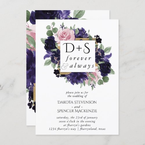 Lush Blossoms  Purple and Pink Rose Initial Photo Invitation