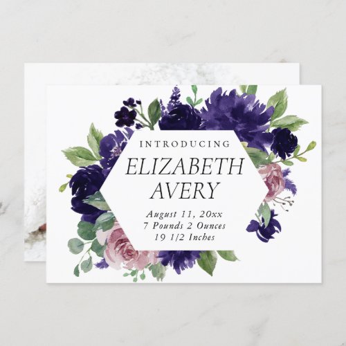 Lush Blossoms  Purple and Pink Rose Photo Birth Announcement