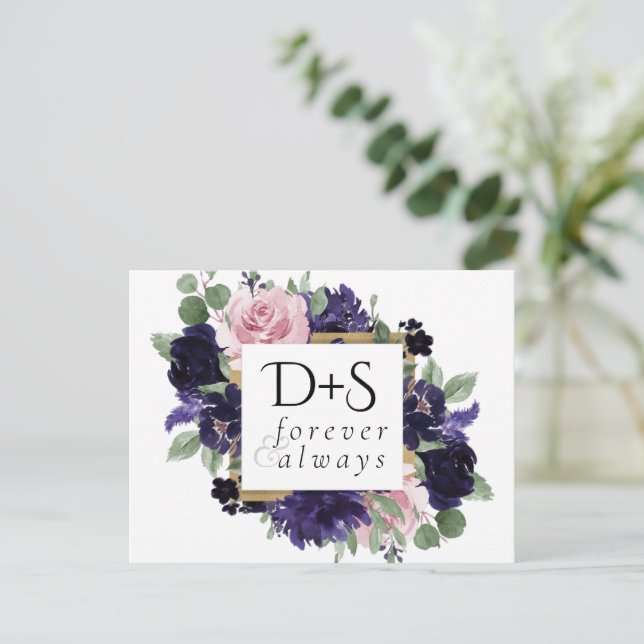 Lush Blossoms | Purple and Pink Rose Save the Date Announcement Postcard (Standing Front)