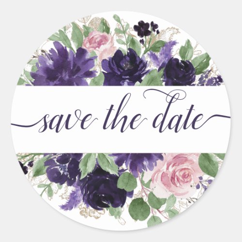 Lush Blossoms  Purple and Pink Rose Save the Date Classic Round Sticker