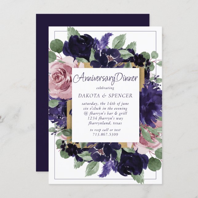 Lush Blossoms | Purple and Pink Roses Anniversary Invitation (Front/Back)