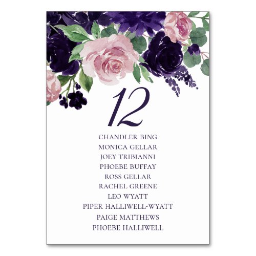 Lush Blossoms  Purple and Pink Roses Guest Names Table Number