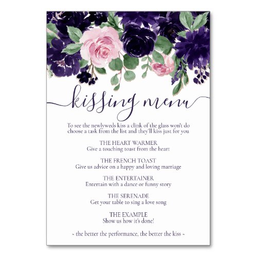 Lush Blossoms  Purple and Pink Roses Kissing Menu Table Number