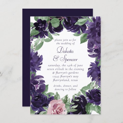 Lush Blossoms  Purple and Pink Roses Wreath Invitation