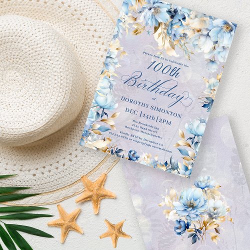 Lush Blue White Watercolor Floral 100th Birthday Invitation