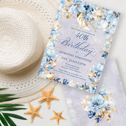 Lush Blue White Watercolor Floral 40th Birthday Invitation