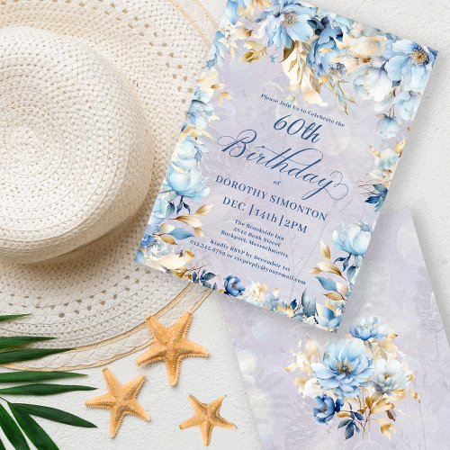 Lush Blue White Watercolor Floral 60th Birthday Invitation