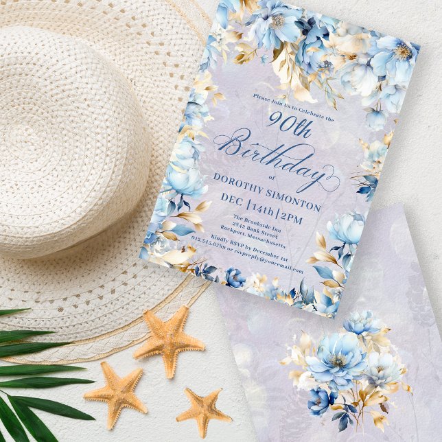 Lush Blue White Watercolor Floral 90th Birthday Invitation (Creator Uploaded)