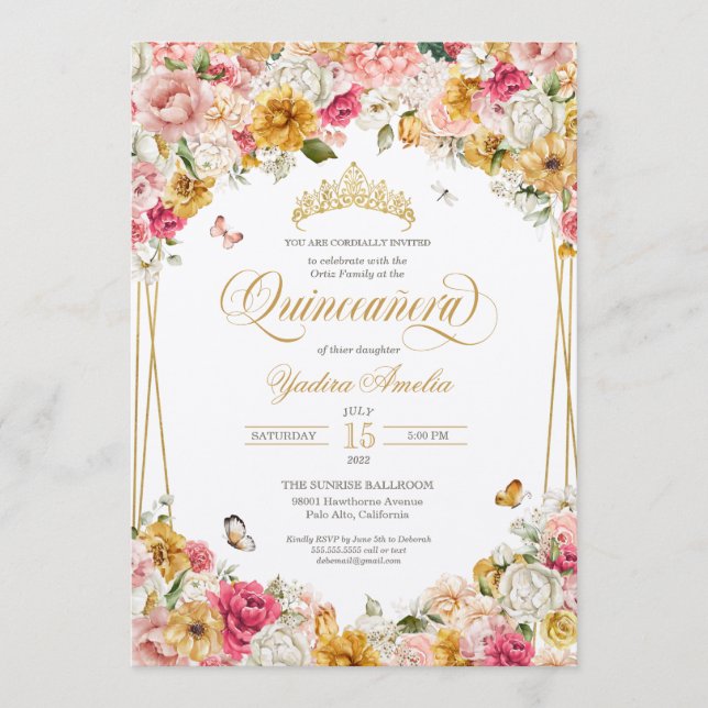 Lush Blush Elegant Floral Buttefly Quinceanera Inv Invitation (Front)