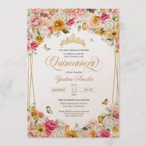 Lush Blush Elegant Floral Buttefly Quinceanera Inv Invitation