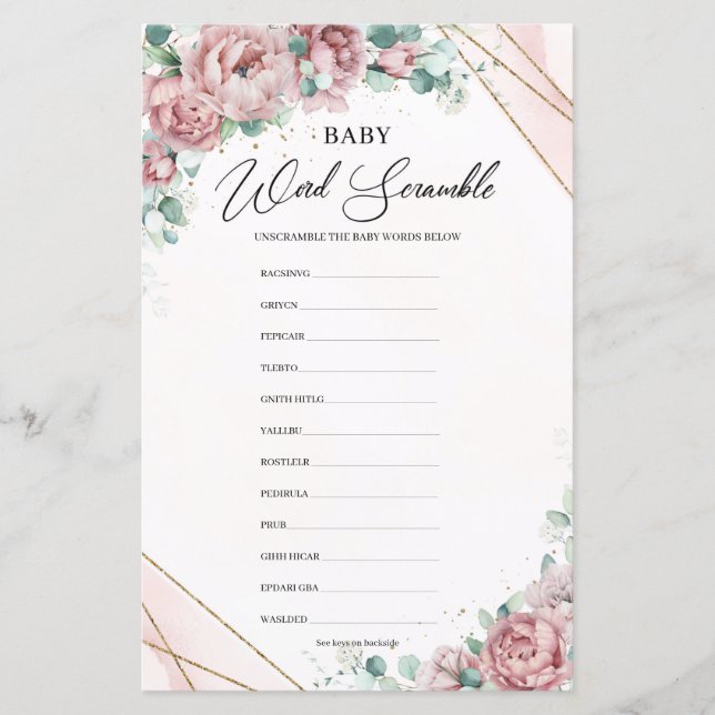 Lush blush floral garden gold Baby Word Scramble (Front)