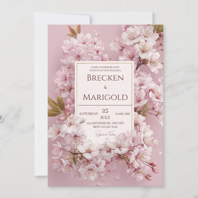 Lush Blush Pink Cherry Blossom Gold Frame Wedding Invitation (Front)