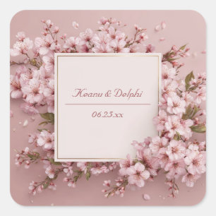 Lush Blush Pink Cherry Blossom Gold Square Wedding Sticker