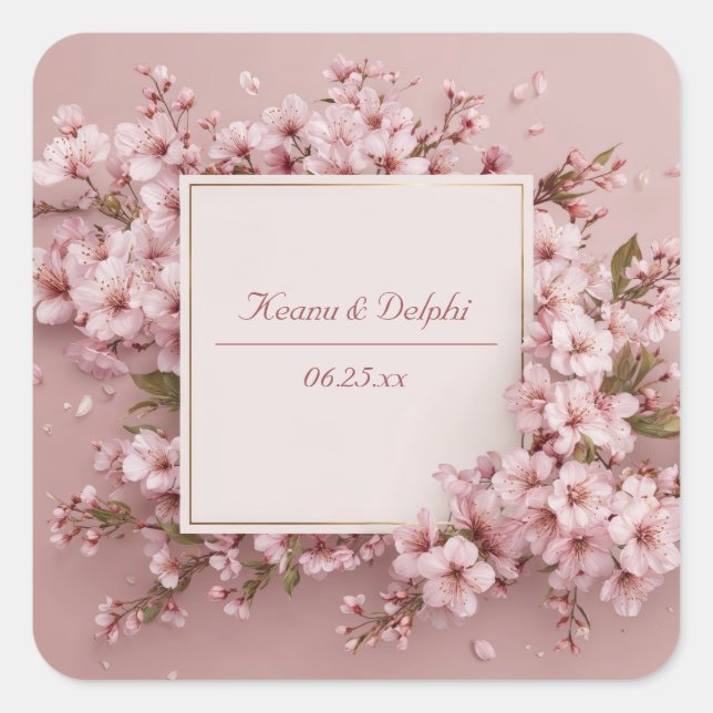 Lush Blush Pink Cherry Blossom Gold Square Wedding Sticker (Front)