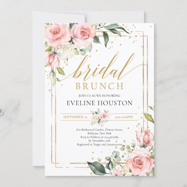 Lush blush pink floral gold frame bridal brunch invitation (Front)