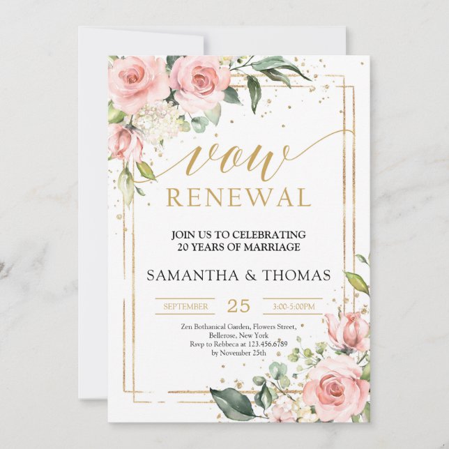Lush blush pink floral roses gold vow renewal invitation (Front)