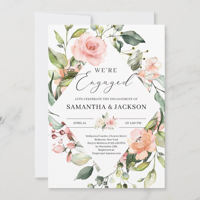 Lush blush pink peach floral greenery engagement invitation (Front)