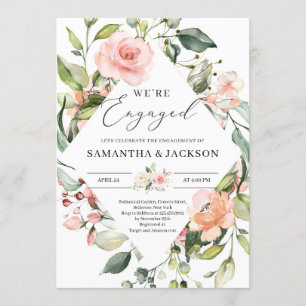 Lush blush pink peach floral greenery engagement invitation