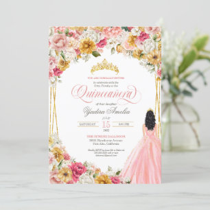 Lush Blush Pink Yellow Floral & Gown Quinceanera I Invitation