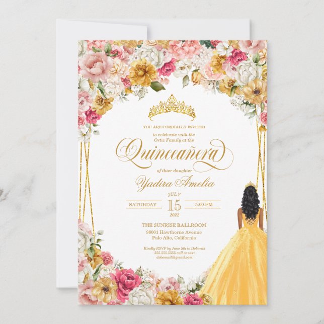 Lush Blush Pink Yellow Gold Floral Quinceanera Inv Invitation (Front)