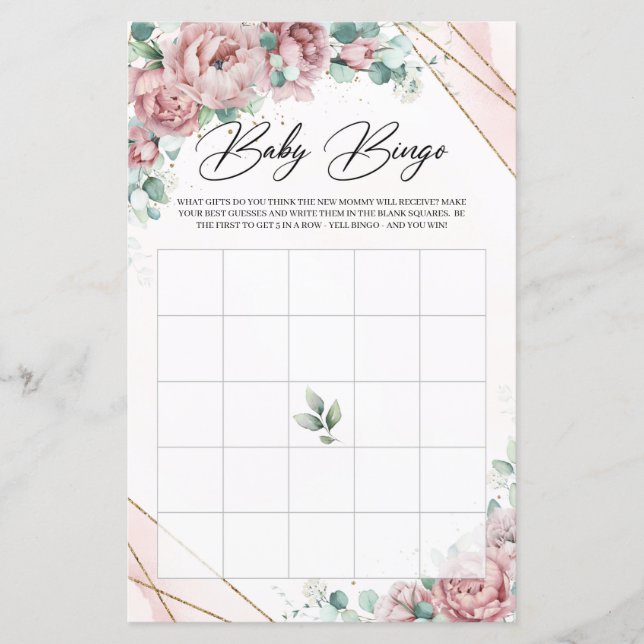 Lush blush roses eucalyptus gold frame baby bingo (Front)