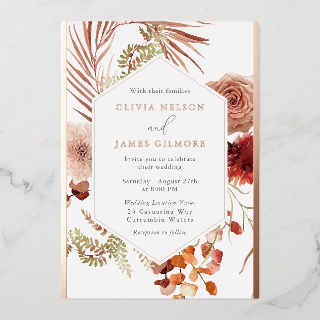 Lush Bohemian Floral Frame Wedding Rose Gold Foil Invitation (Front)