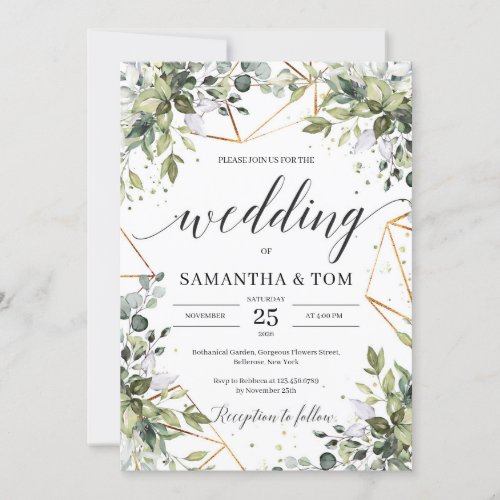 Lush boho greenery foliage eucalyptus gold wedding invitation