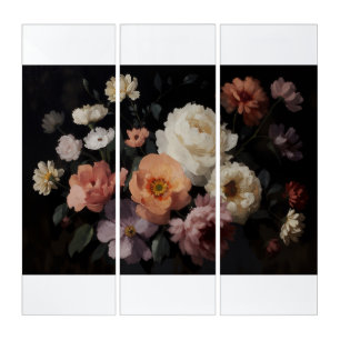 Lush Bouquet of Flowers on Dark Background Triptych
