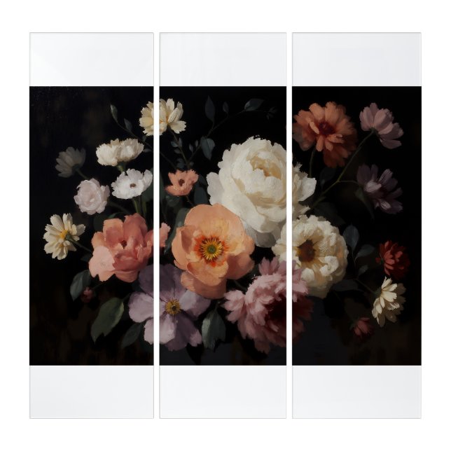 Lush Bouquet of Flowers on Dark Background Triptych (Front)